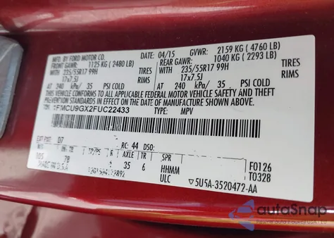 2015 Ford Escape Se from USA, damaged, VIN 1FMCU9GX2FUC22433